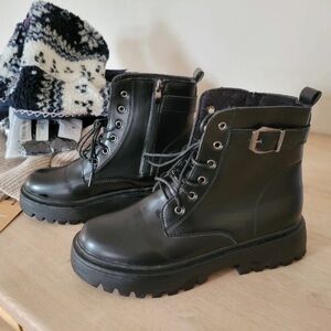 New Look Black Lace-Up Platform Ankle Boots with Buckle Strap